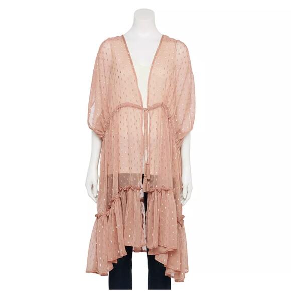 NEW LC Lauren Conrad Swiss Dot Kimono Womens One Size Mauve Pink Sheer Cinched - Picture 1 of 13